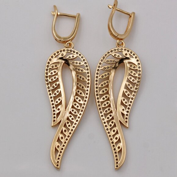 18K Yellow Gold Filled Swirl Wing Leaf Diamond Zircon Dangle Earrings Gorgeous - Picture 4 of 4